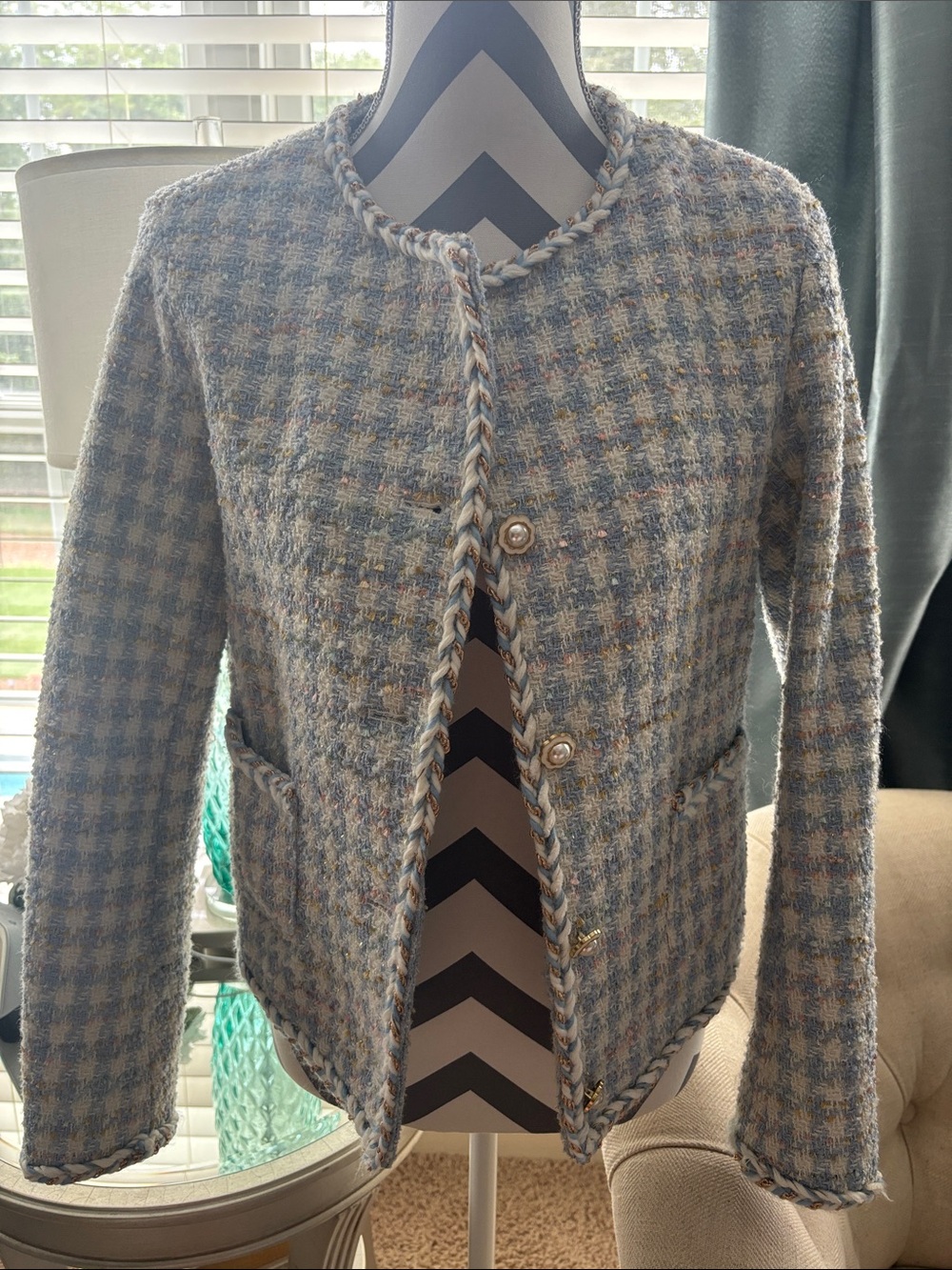 Nanette Lepore Pastel Blue Tweed Braided-Trim Jacket